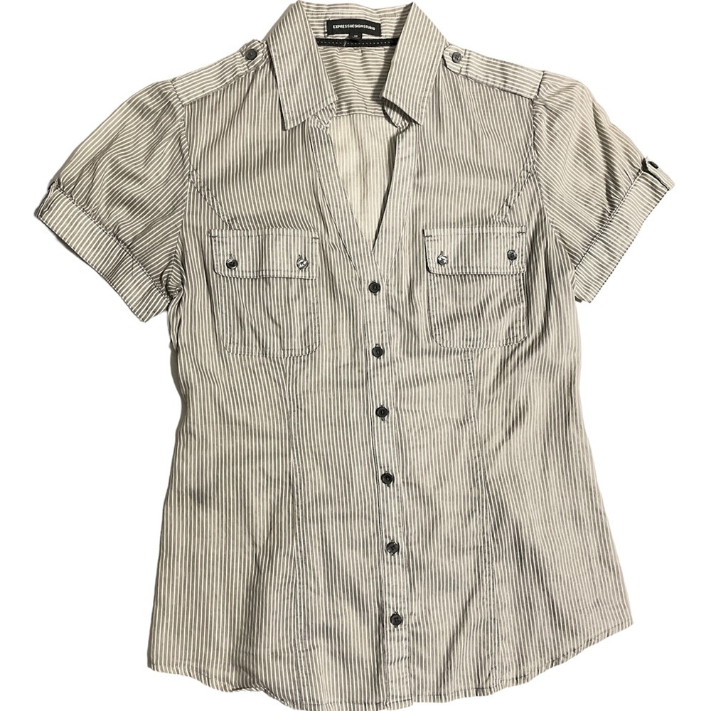 Expressoe sign studio Women’s top/blouse,short sleeves,white / gray pinstriped M